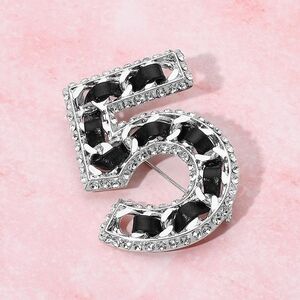 Crystal-Embellished Number 5 Brooch in Black and Silver